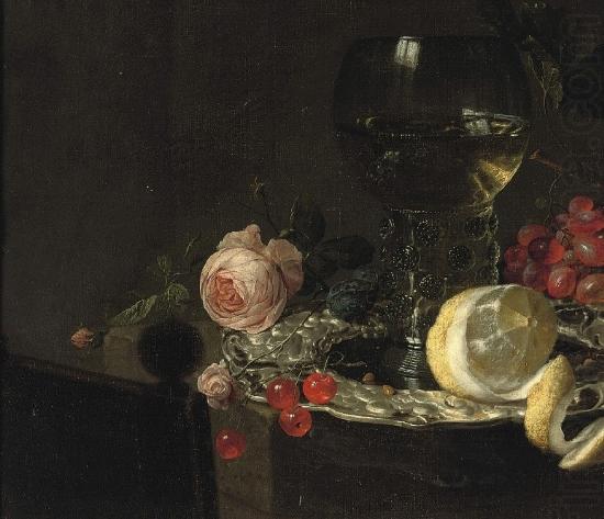 simon luttichuys A 'Roemer' with white wine, a partially peeled lemon, cherries and other fruit on a silver plate with a rose and grapes on a stone ledge china oil painting image